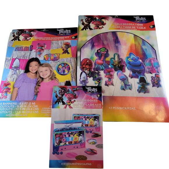 Trolls World Tour Party Decor Set Backdrop, Table Centerpieces, Favor Boxes Lot - Picture 16 of 16